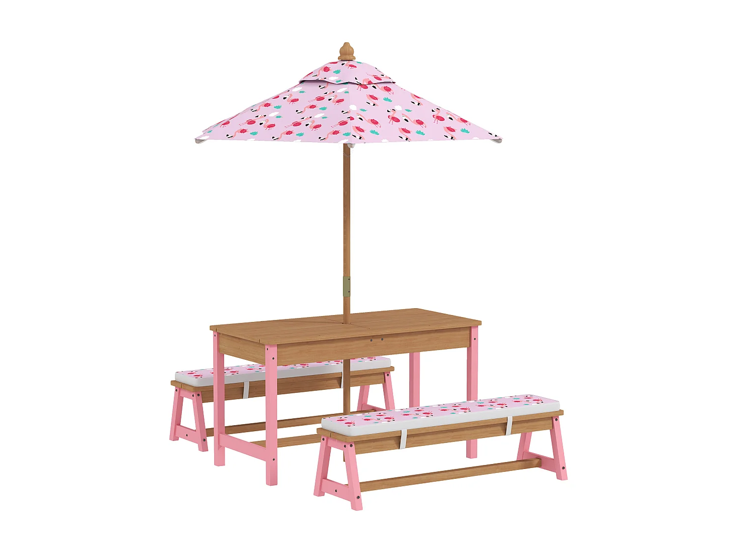 Table pique-nique activités enfant bancs, coussins, parasol, boîtes inclus