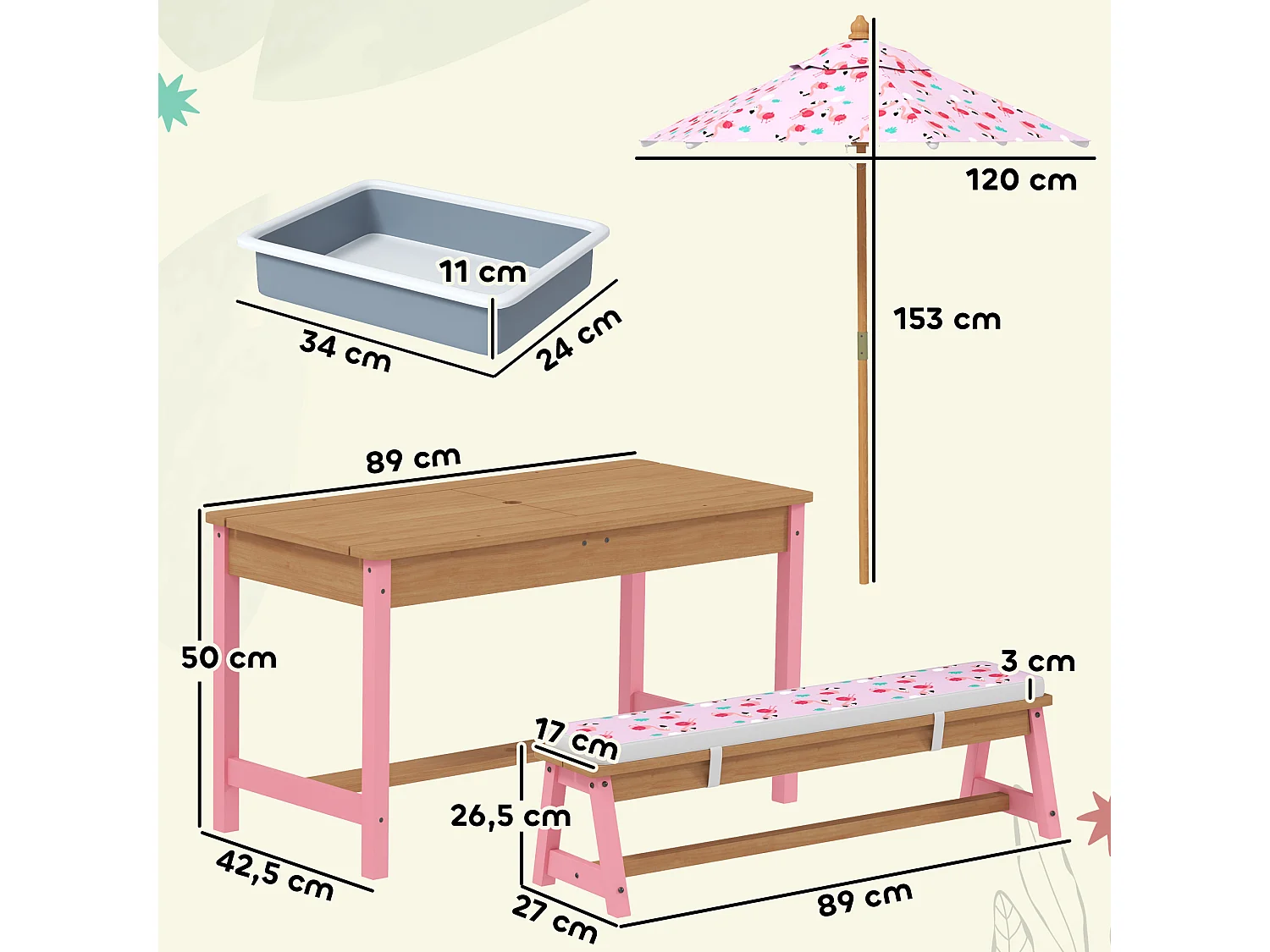 Table pique-nique activités enfant bancs, coussins, parasol, boîtes inclus
