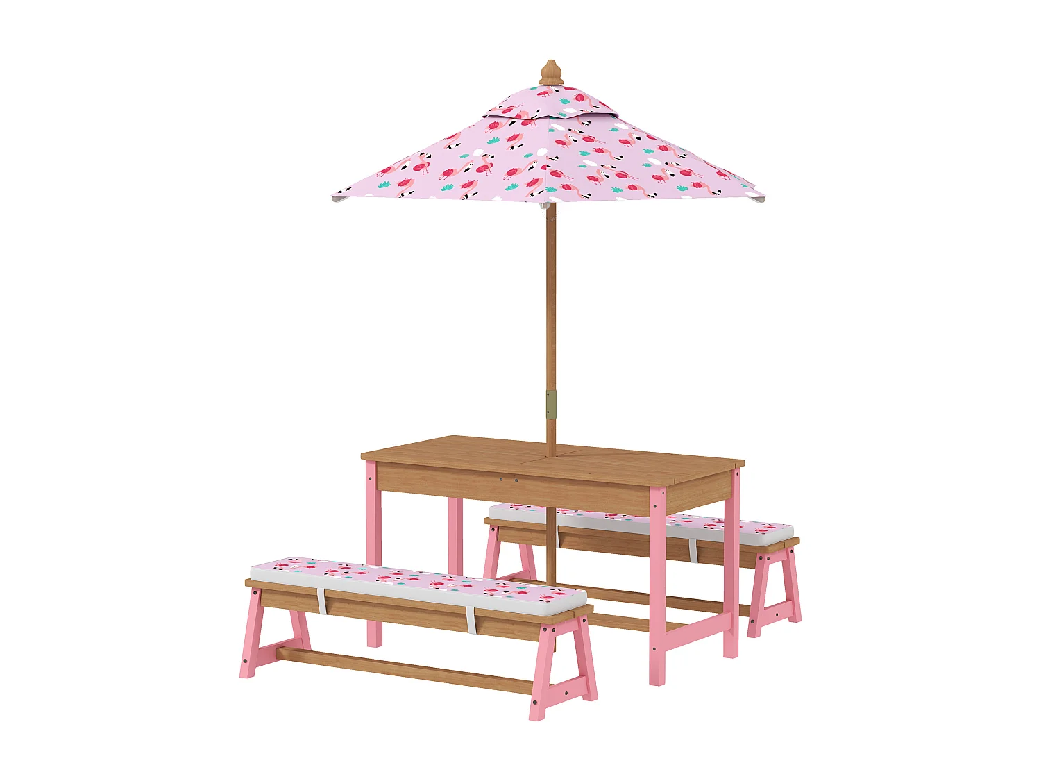 Table pique-nique activités enfant bancs, coussins, parasol, boîtes inclus