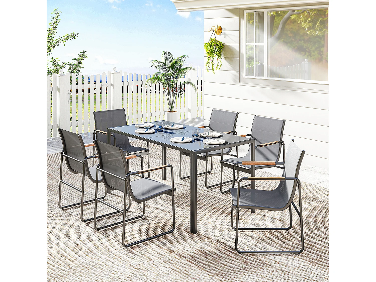 Salon de jardin 6 personnes 7 pièces acier verre gris