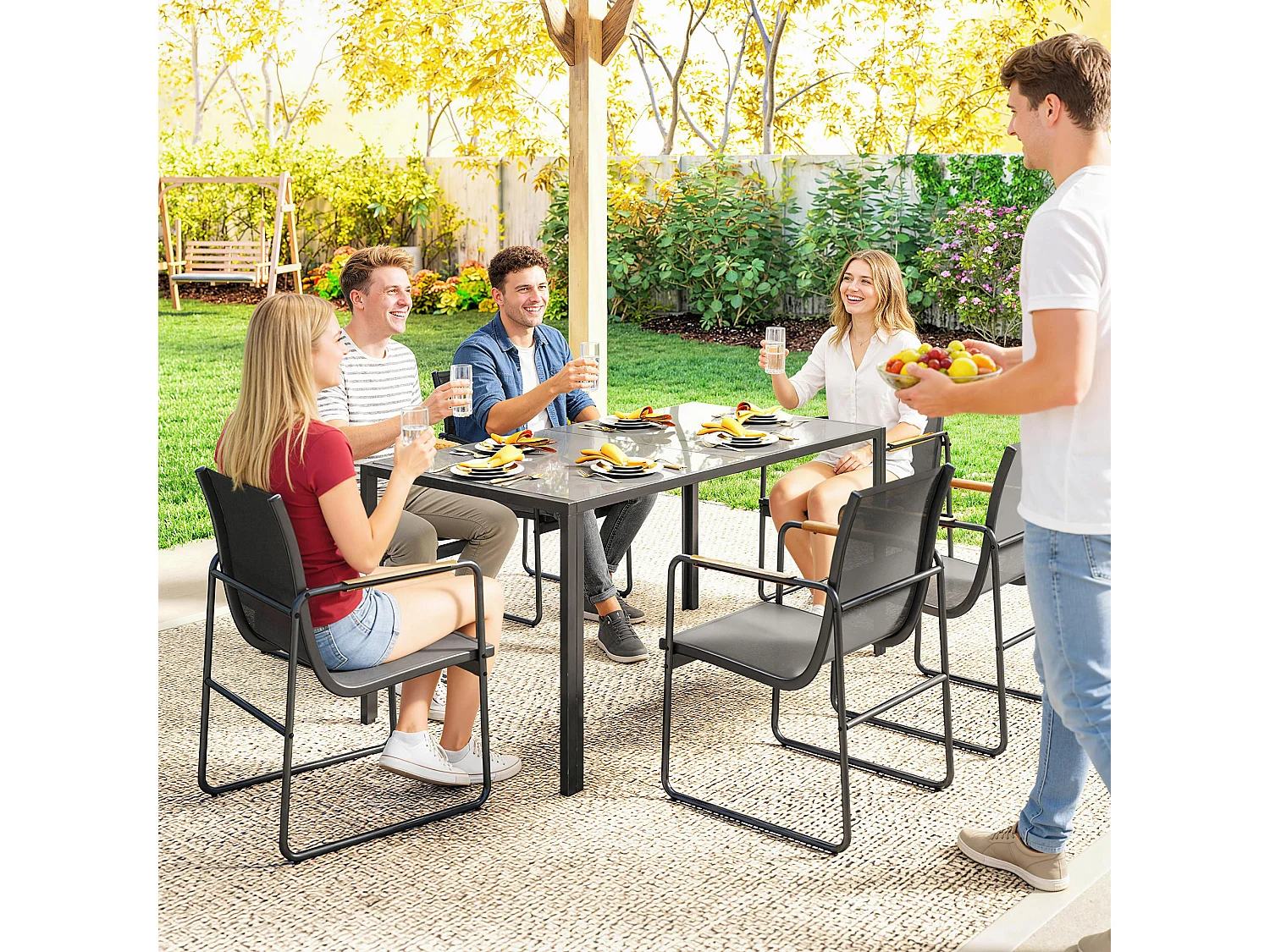 Salon de jardin 6 personnes 7 pièces acier verre gris