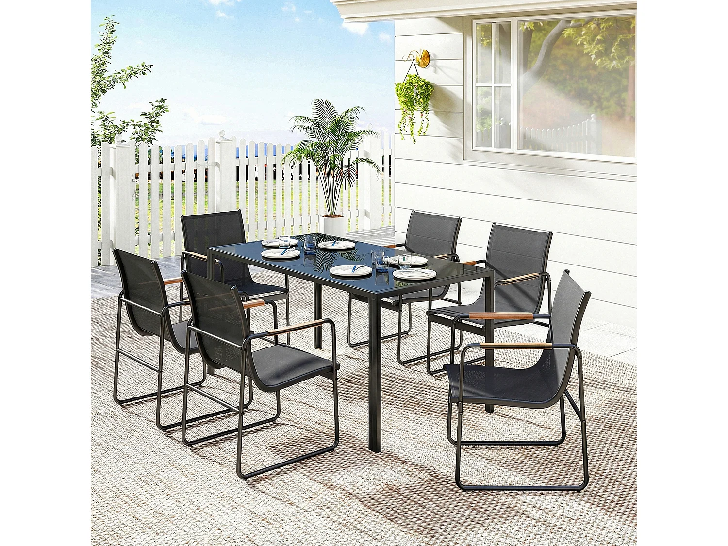 Salon de jardin 6 personnes 7 pièces acier verre noir