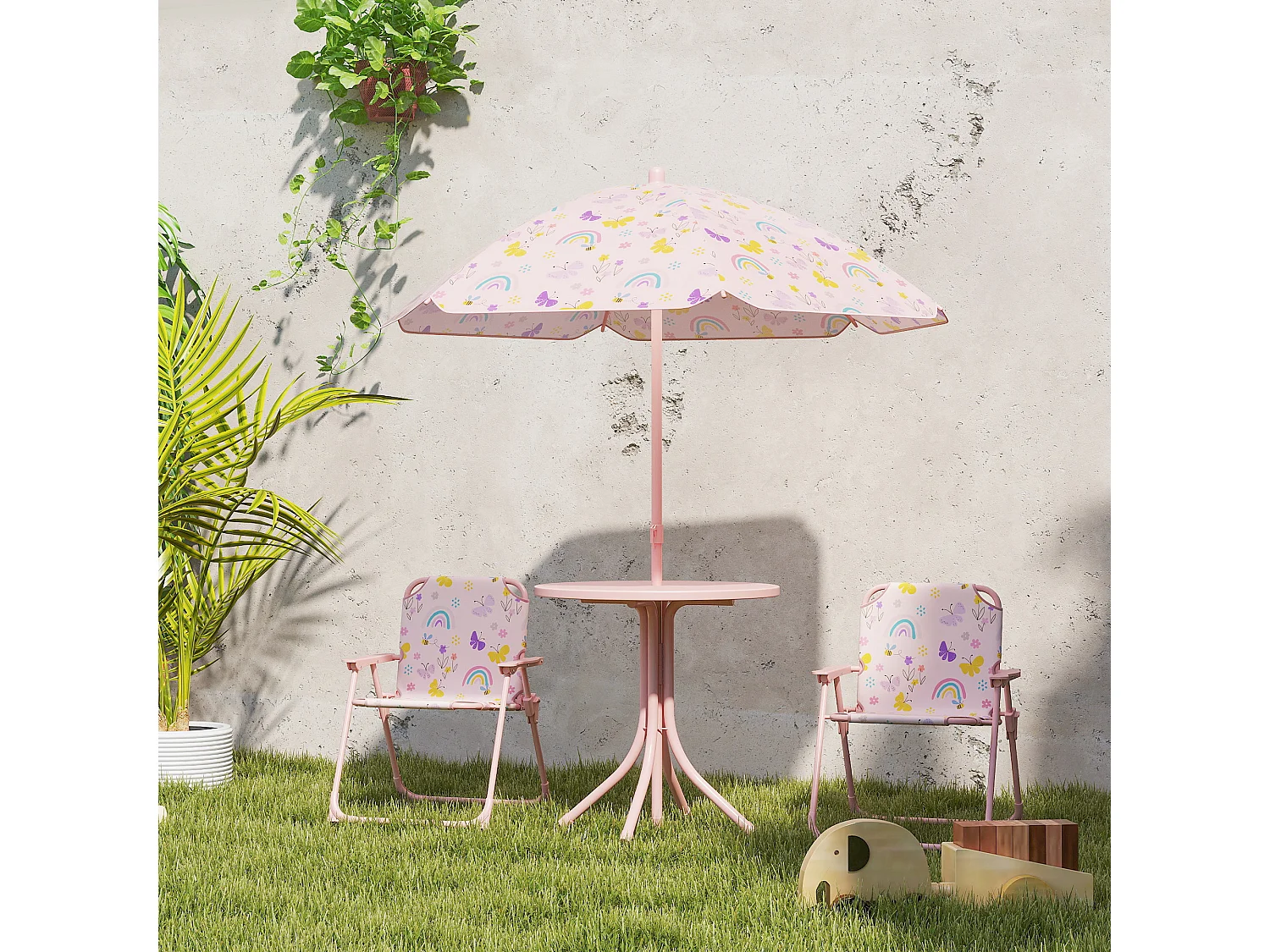 Ensemble salon de jardin enfant pliable 2 places 4 pièces motif arc en ciel rose