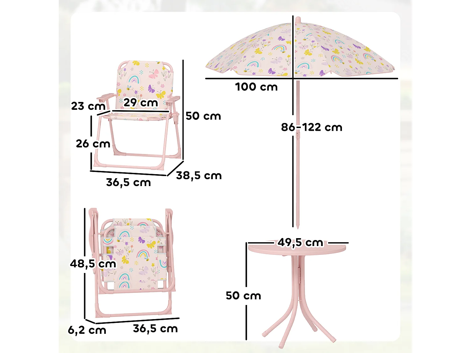 Ensemble salon de jardin enfant pliable 2 places 4 pièces motif arc en ciel rose