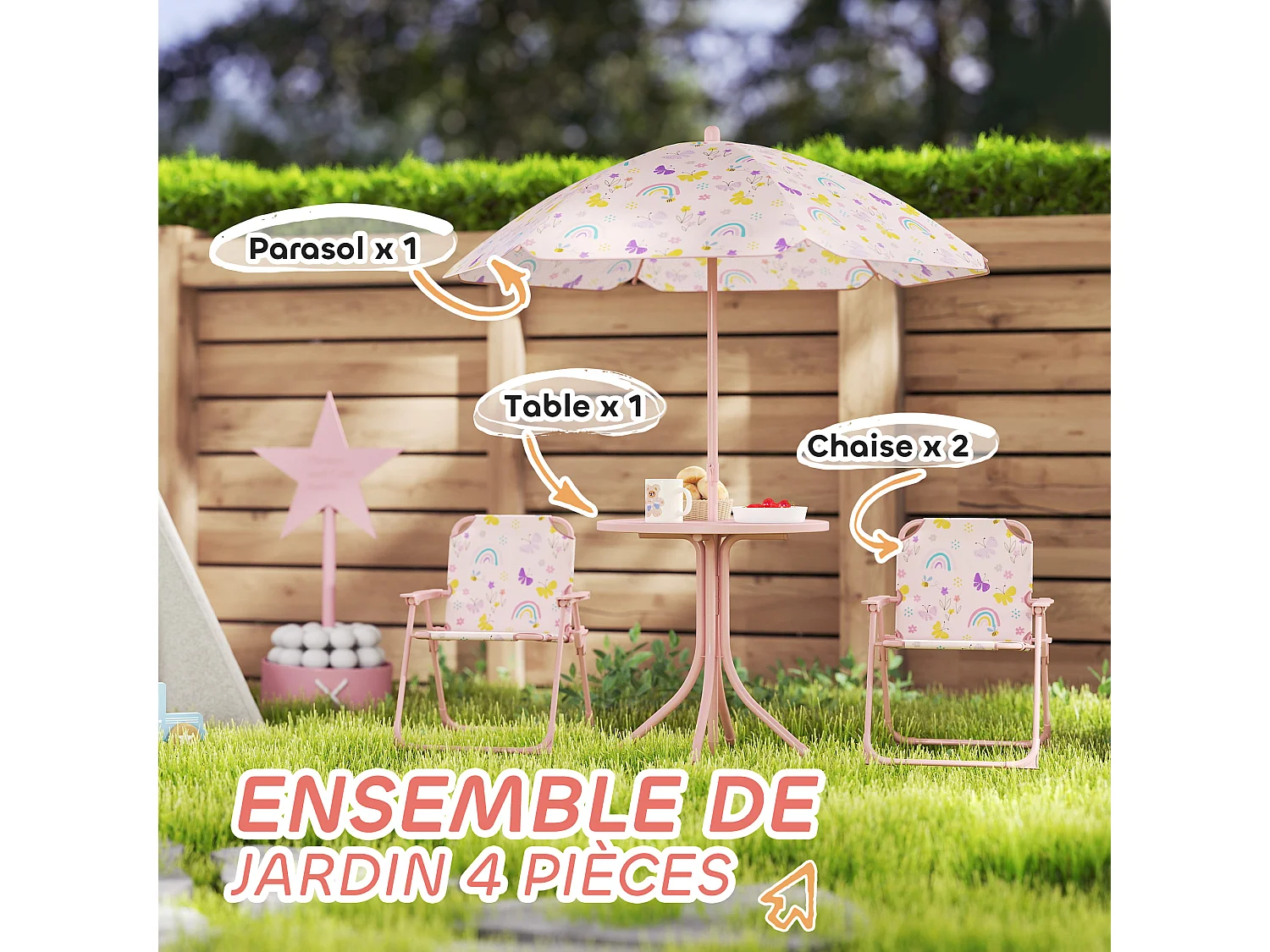 Ensemble salon de jardin enfant pliable 2 places 4 pièces motif arc en ciel rose