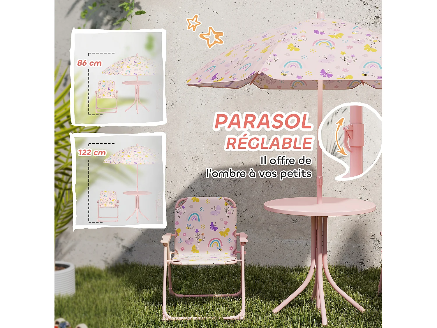 Ensemble salon de jardin enfant pliable 2 places 4 pièces motif arc en ciel rose