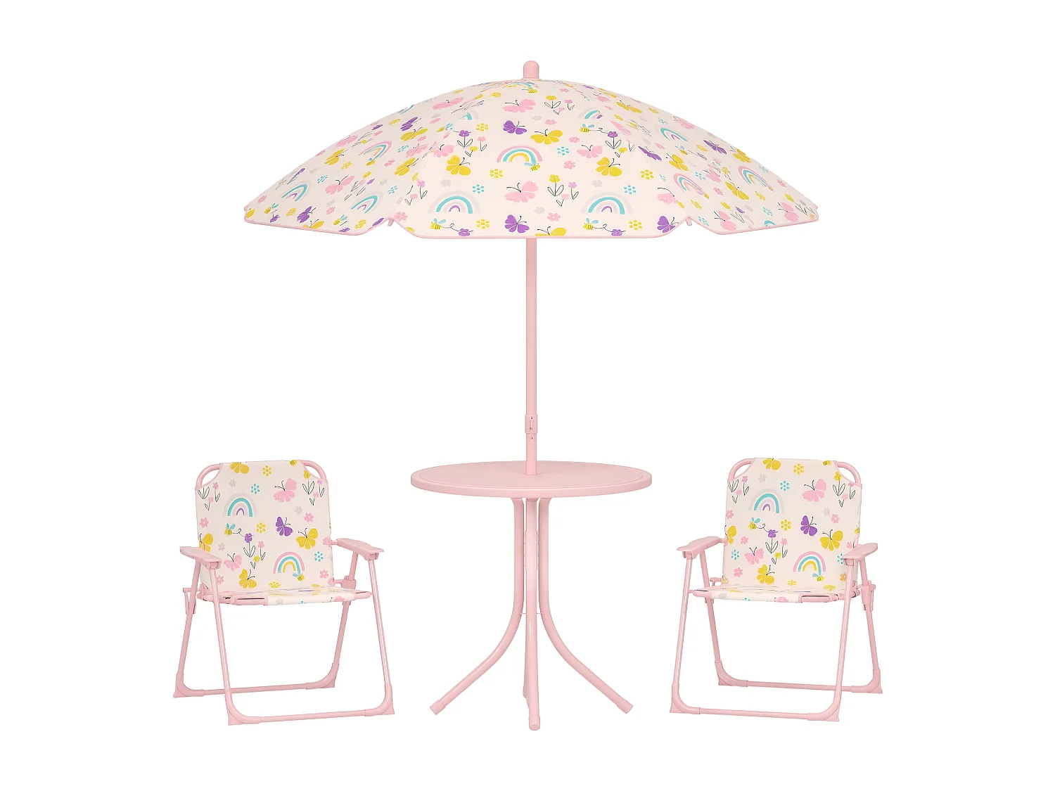Ensemble salon de jardin enfant pliable 2 places 4 pièces motif arc en ciel rose