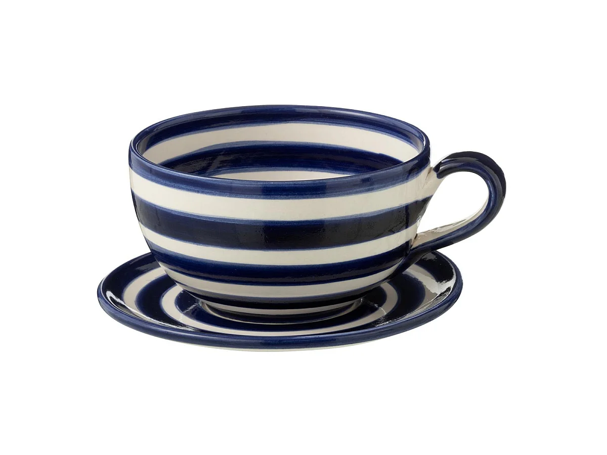 Tasse Avec Sous-Tasse en Céramique "Granada Rayure" 50cl Bleu Cobalt
