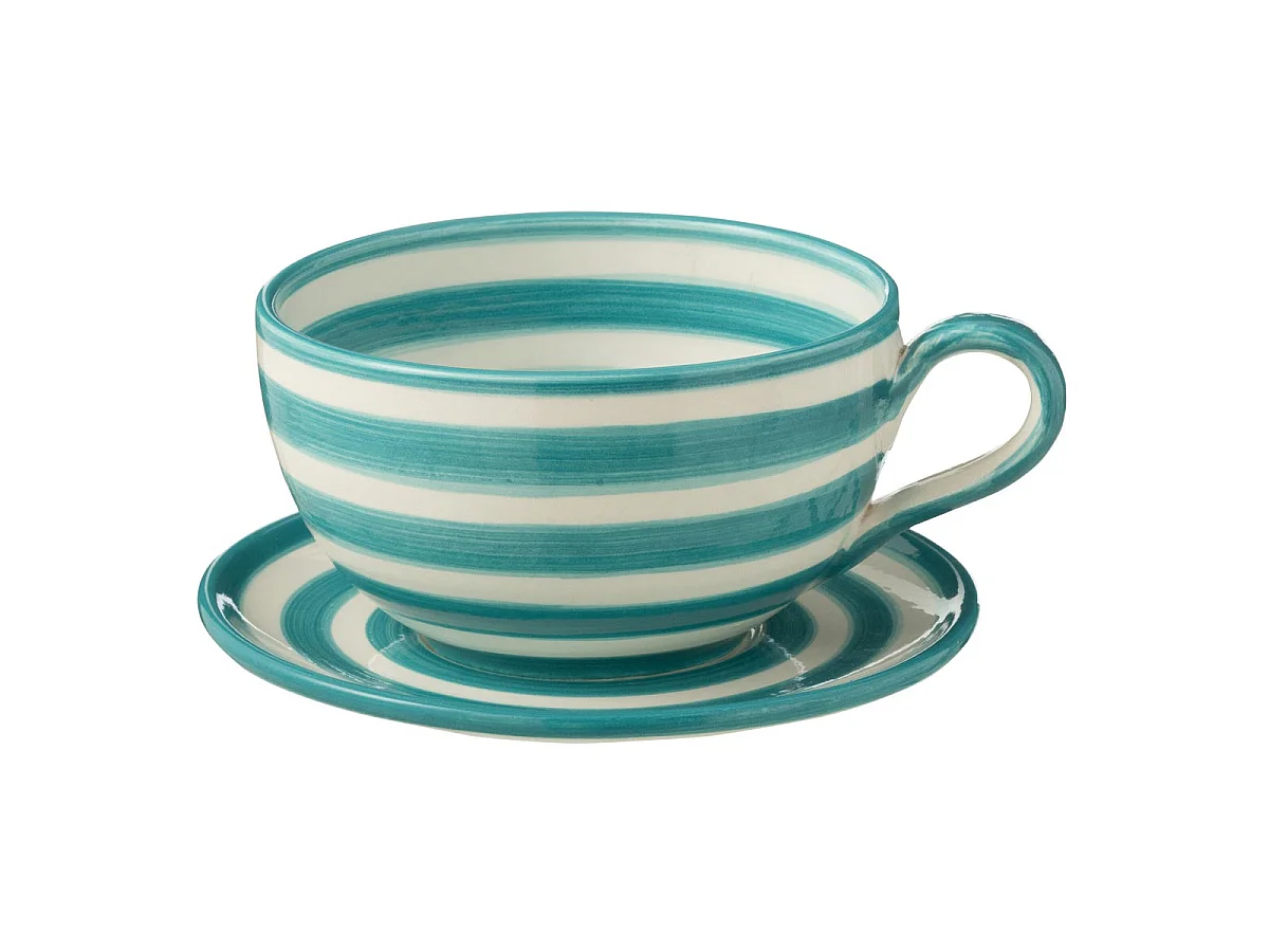 Tasse Avec Sous-Tasse en Céramique "Granada Rayure" 50cl Bleu Aqua