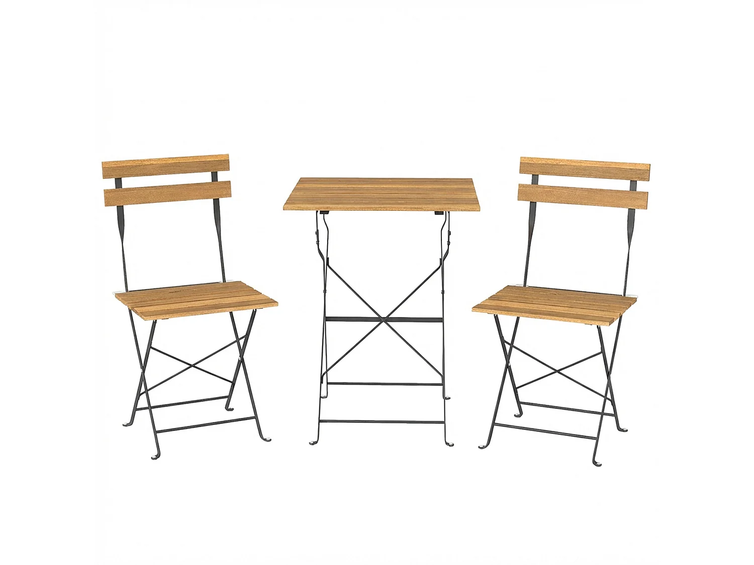 Salon de jardin terrasse 3 pcs table carrée 2 chaises pliantes acier bois naturel