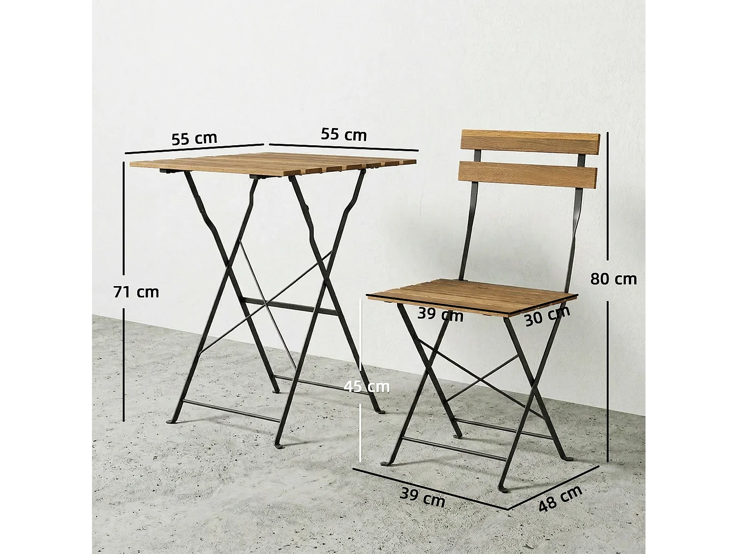 Salon de jardin terrasse 3 pcs table carrée 2 chaises pliantes acier bois naturel