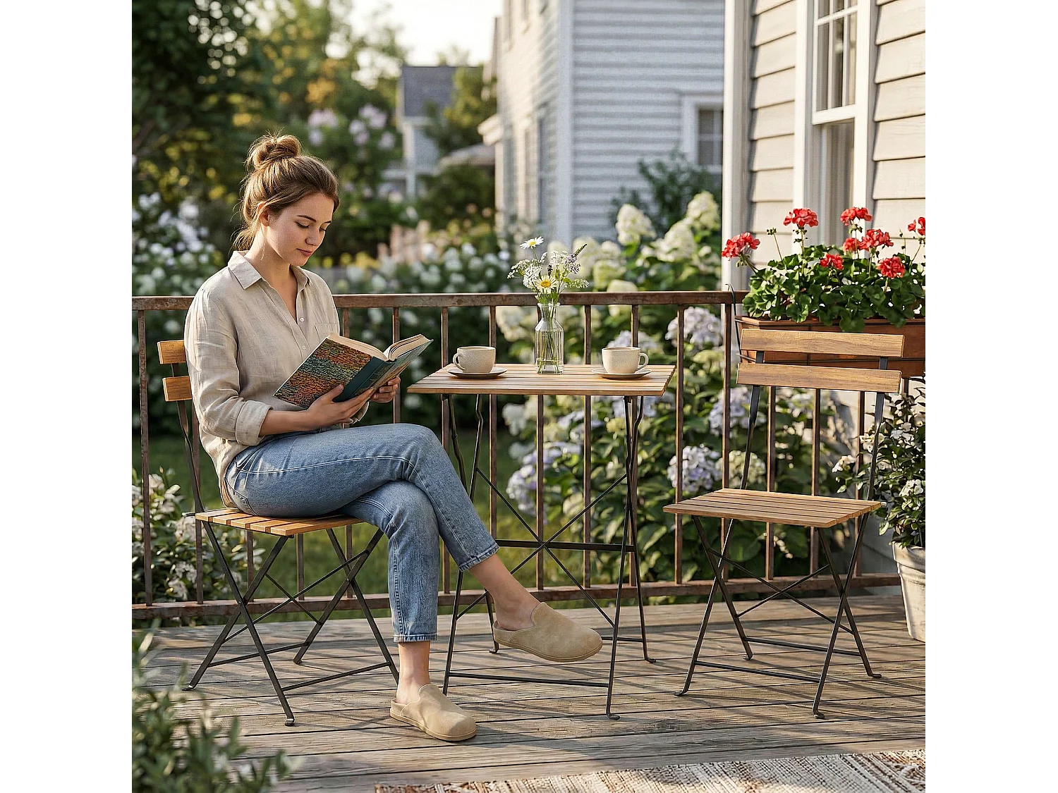 Salon de jardin terrasse 3 pcs table carrée 2 chaises pliantes acier bois naturel