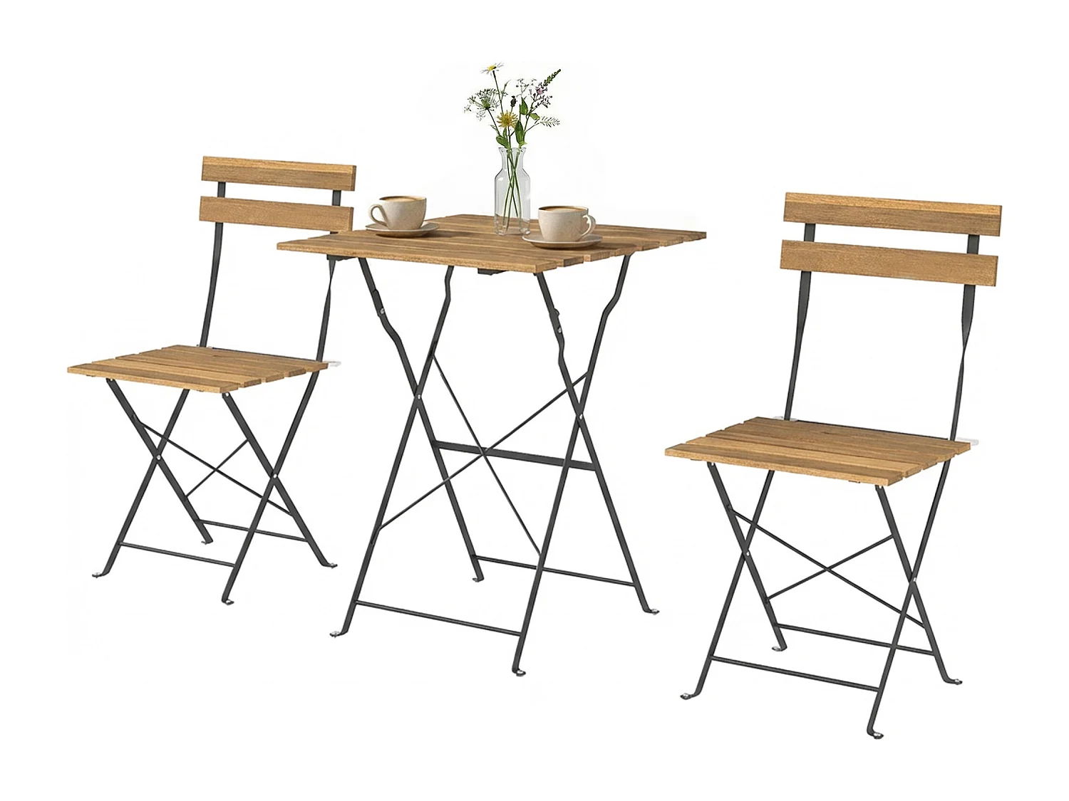 Salon de jardin terrasse 3 pcs table carrée 2 chaises pliantes acier bois naturel