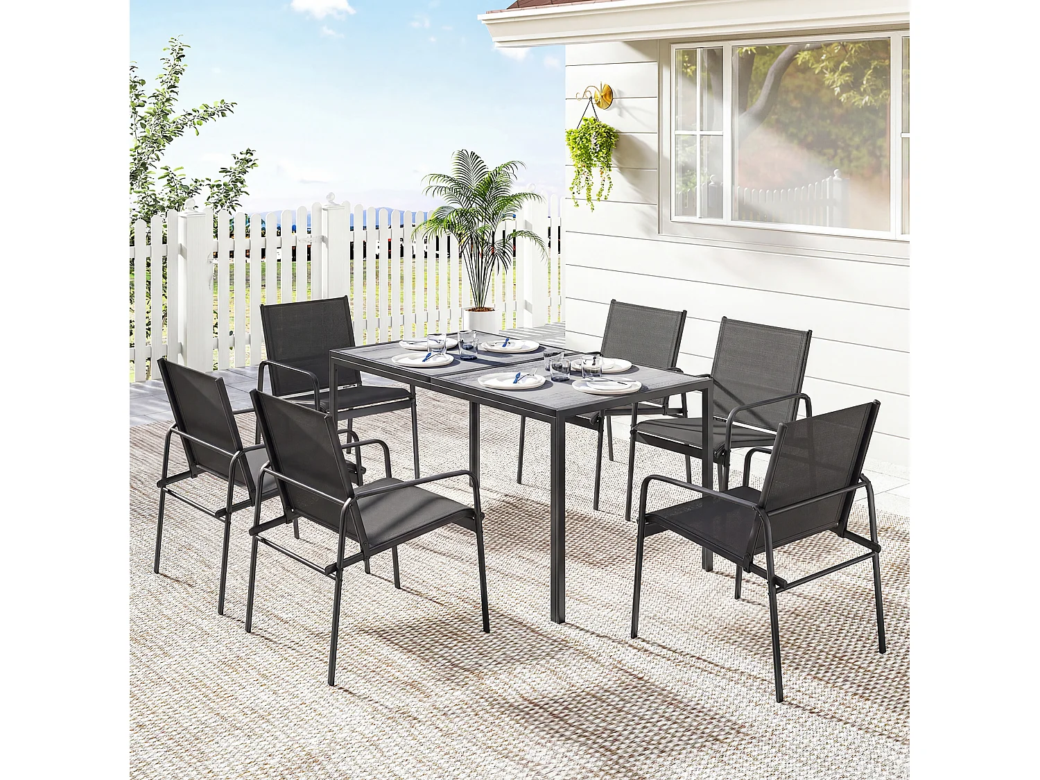 Salon de jardin 6 places table effet bois acier noir