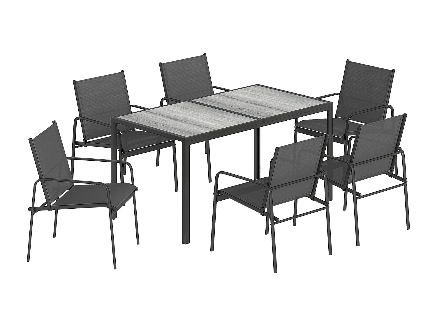 Salon de jardin 6 places table effet bois acier noir