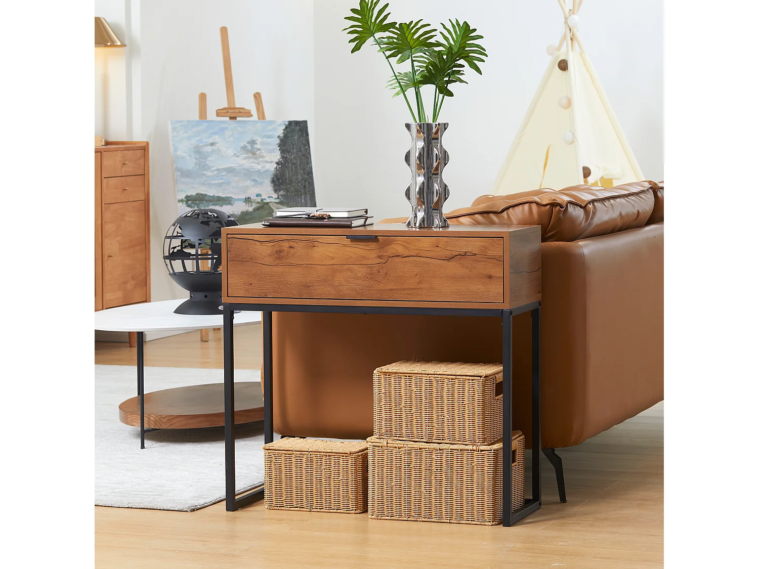 Console design - grand tiroir - dim. 80 x 30 x 76 cm - acier noir effet bois noyer