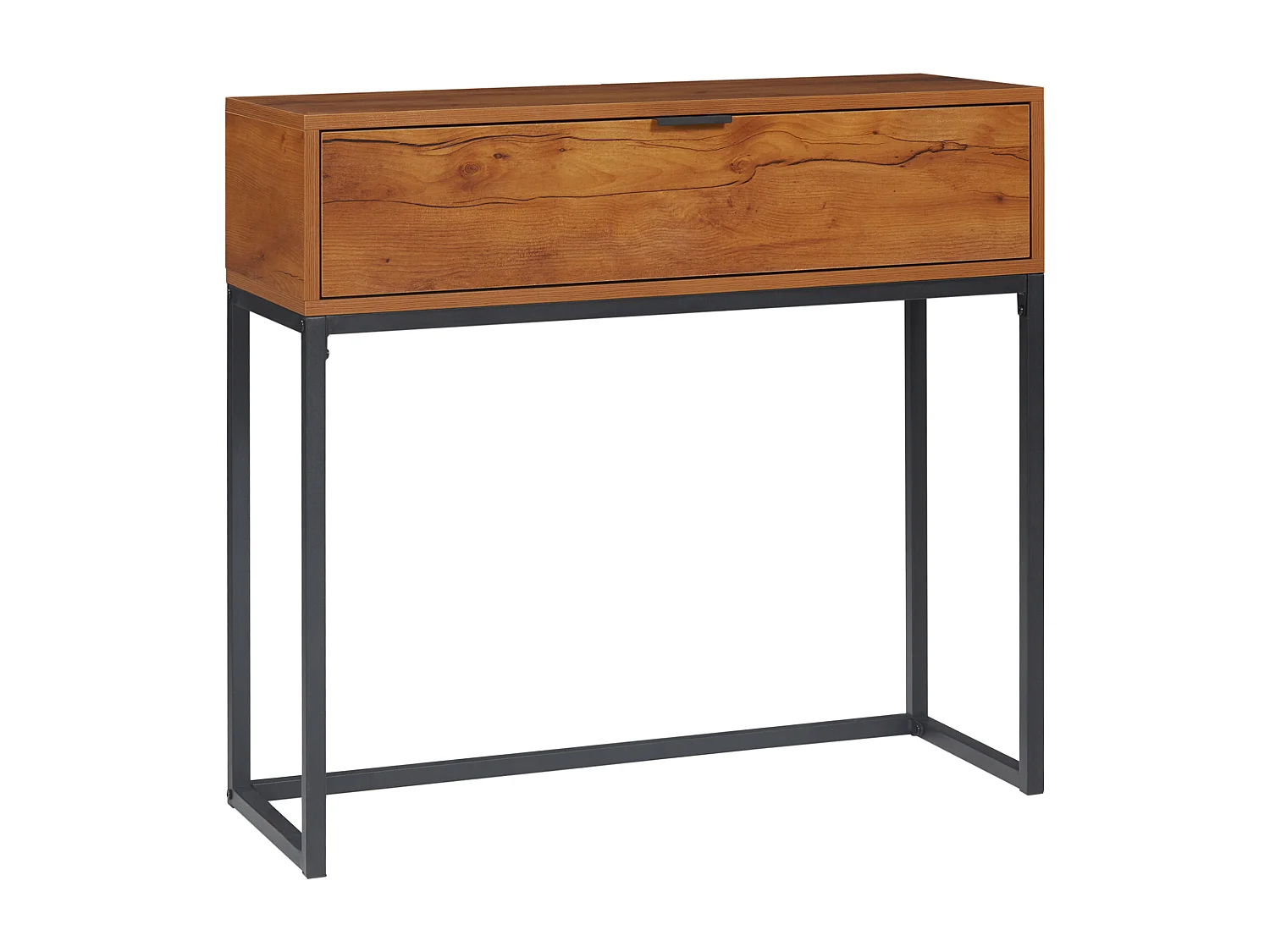 Console design - grand tiroir - dim. 80 x 30 x 76 cm - acier noir effet bois noyer