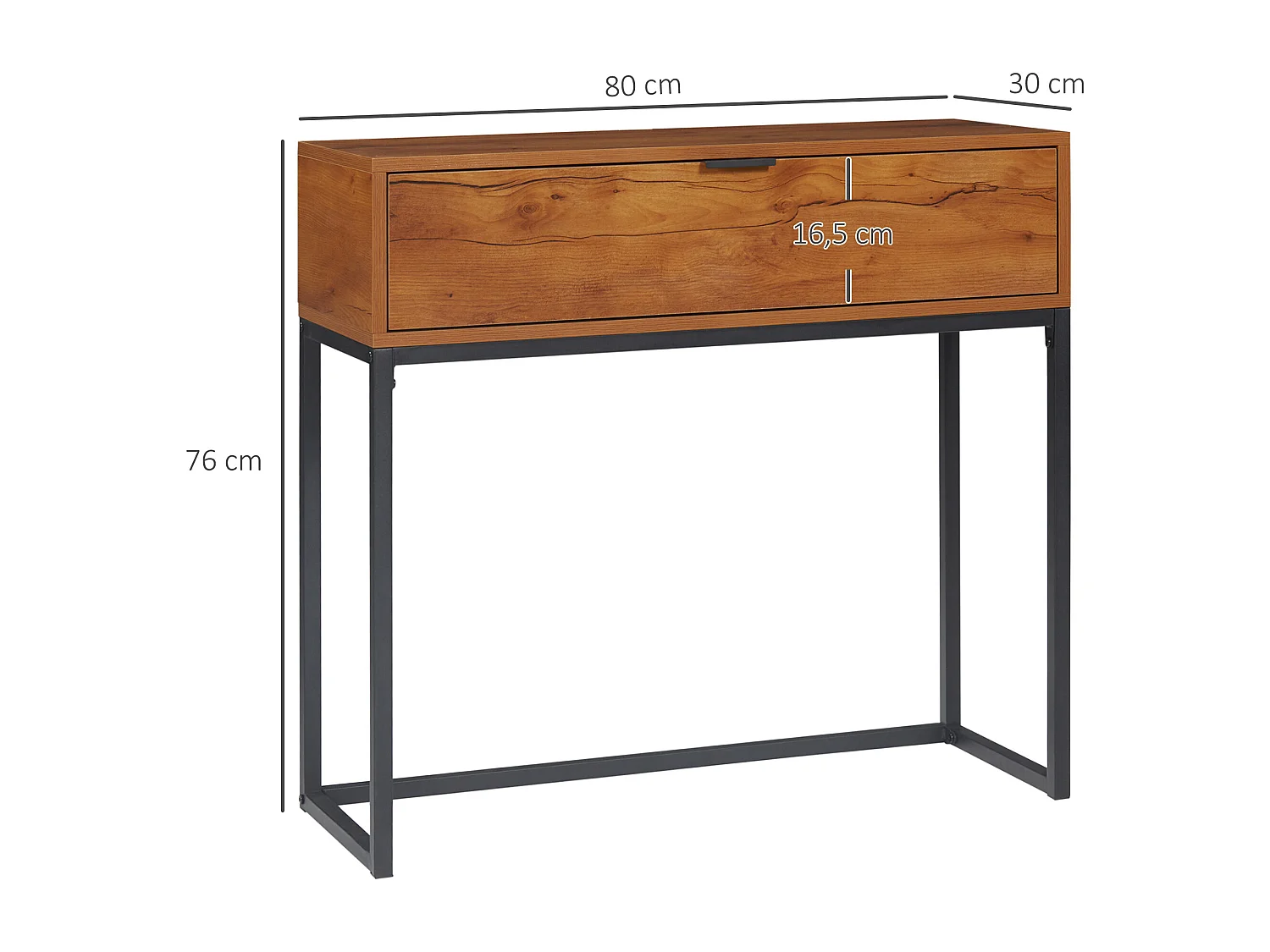 Console design - grand tiroir - dim. 80 x 30 x 76 cm - acier noir effet bois noyer