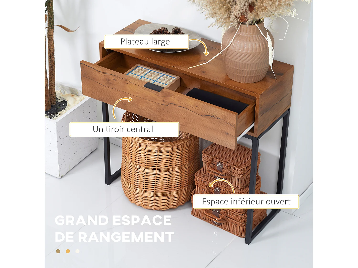 Console design - grand tiroir - dim. 80 x 30 x 76 cm - acier noir effet bois noyer
