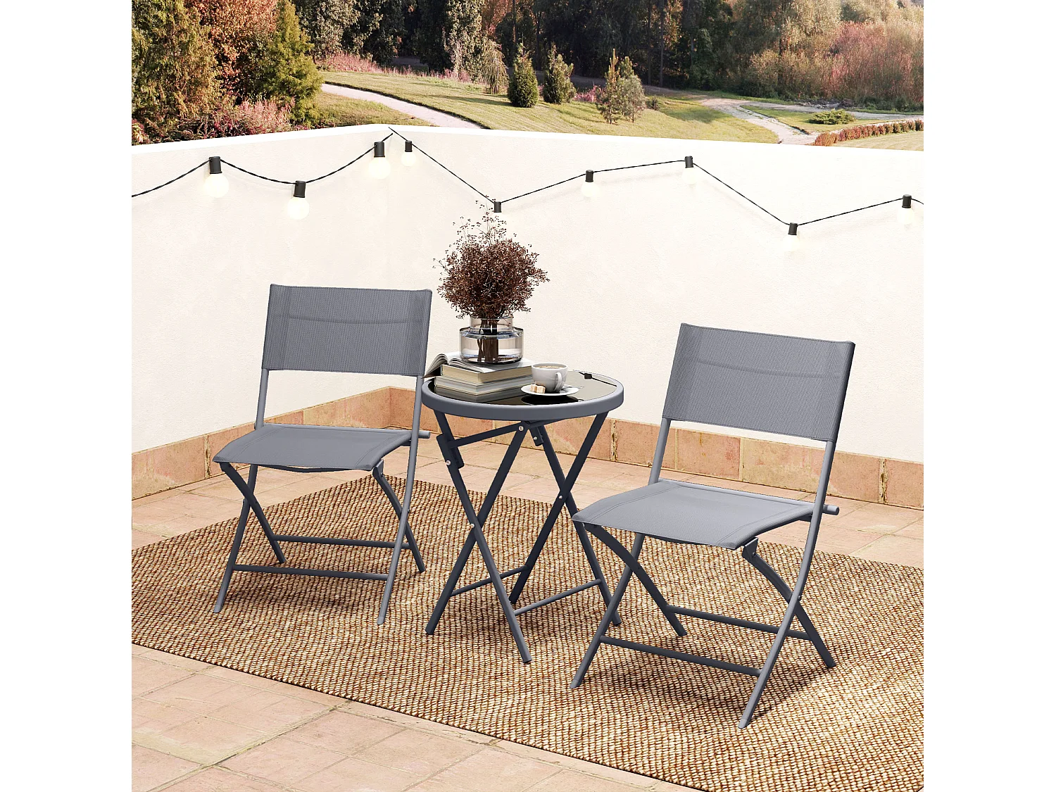 Ensemble jardin 2 personnes pliable - ensemble bistrot de jardin 3 pièces - métal époxy gris