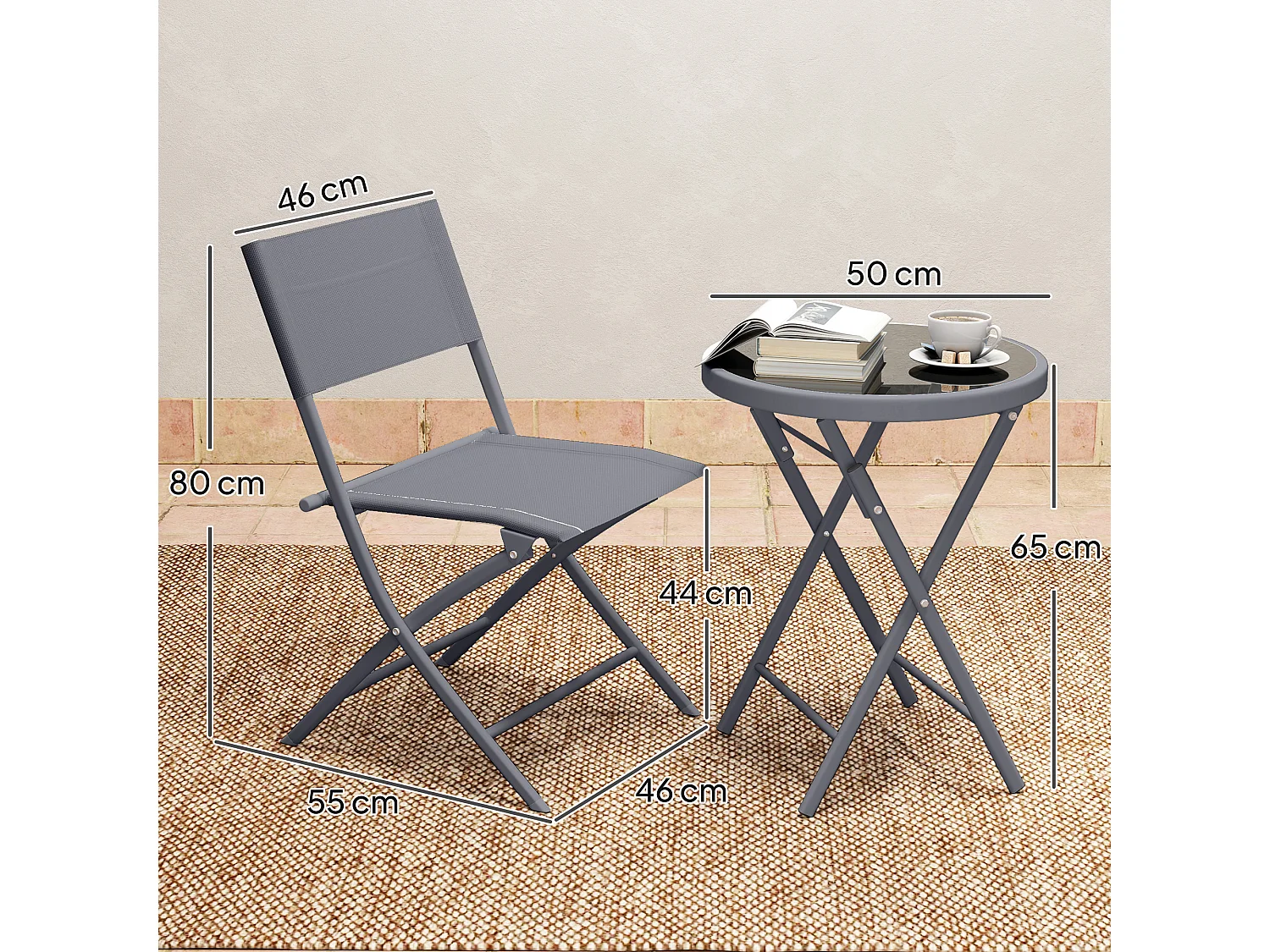 Ensemble jardin 2 personnes pliable - ensemble bistrot de jardin 3 pièces - métal époxy gris