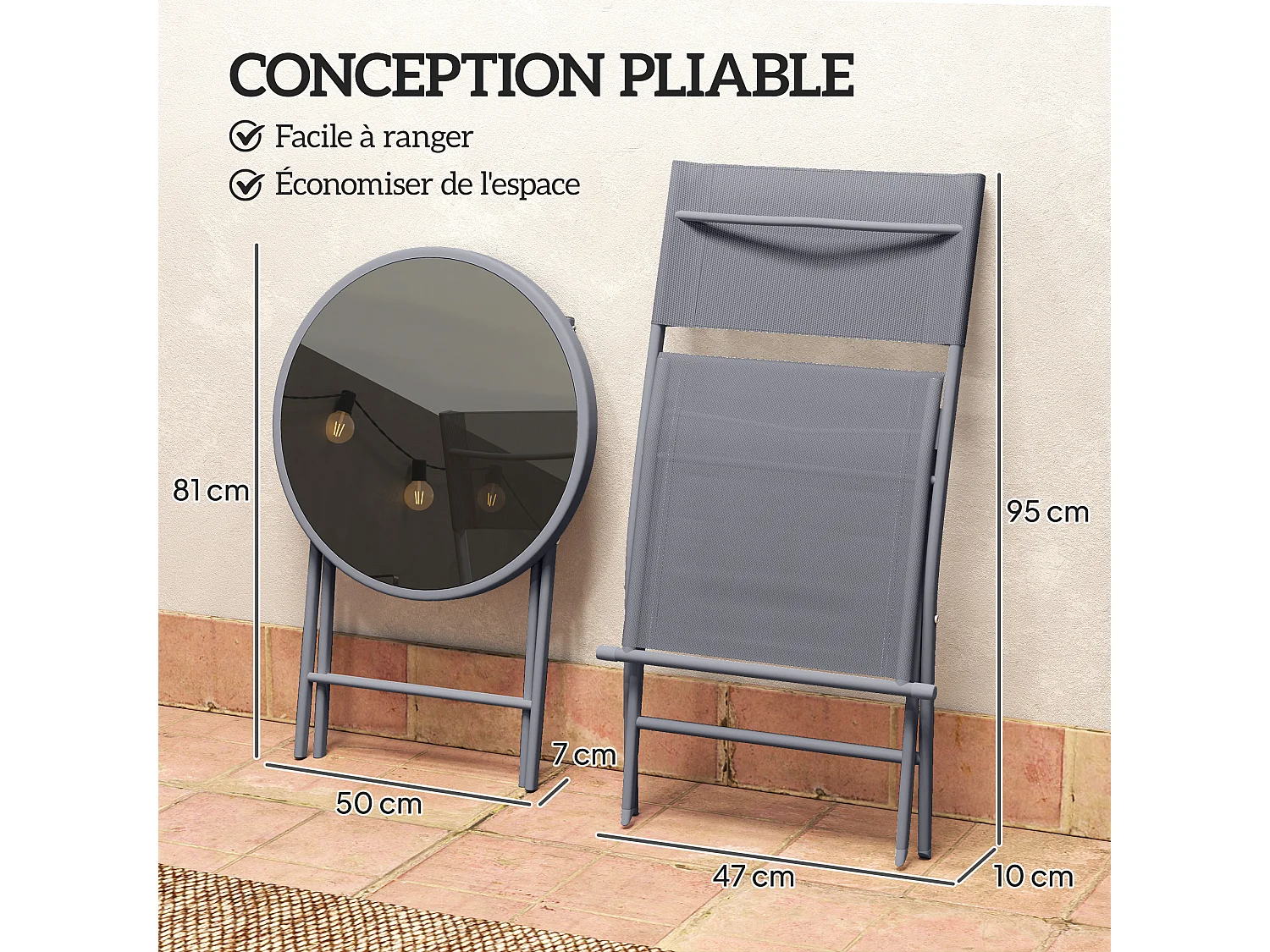 Ensemble jardin 2 personnes pliable - ensemble bistrot de jardin 3 pièces - métal époxy gris
