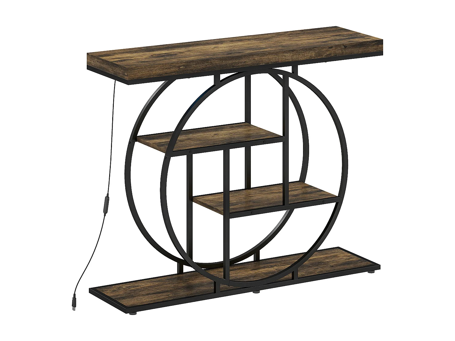 Console LED réglable design industriel - 3 étagères, plateau - acier noir effet bois