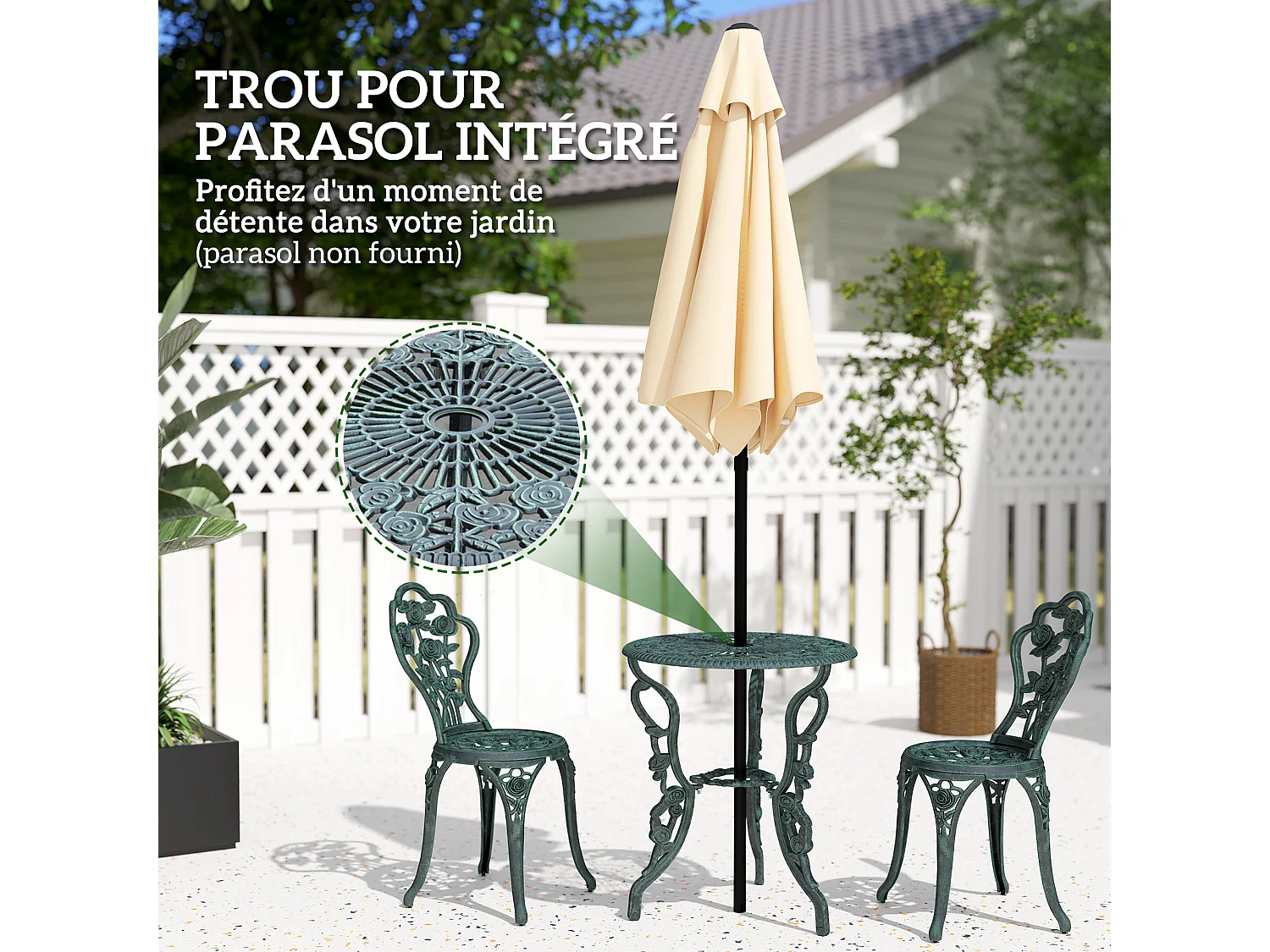 Salon de jardin 2 places – Style néo-rétro – Table ronde incluse