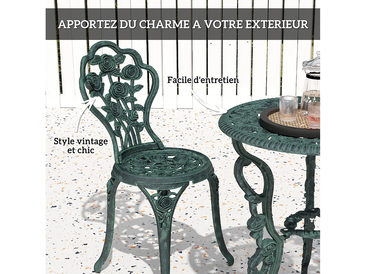 Salon de jardin 2 places – Style néo-rétro – Table ronde incluse