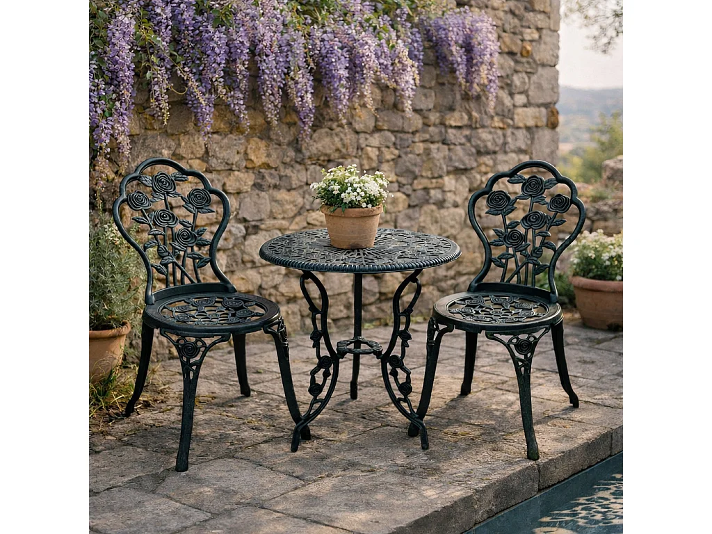 Salon de jardin 2 places – Style néo-rétro – Table ronde incluse