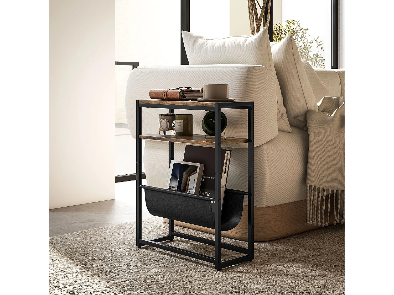 Table d'appoint bout de canapé table d'entrée avec étagère et porte-revues structure en acier design industriel - 43l x 18P x 56H cm noir marron foncé