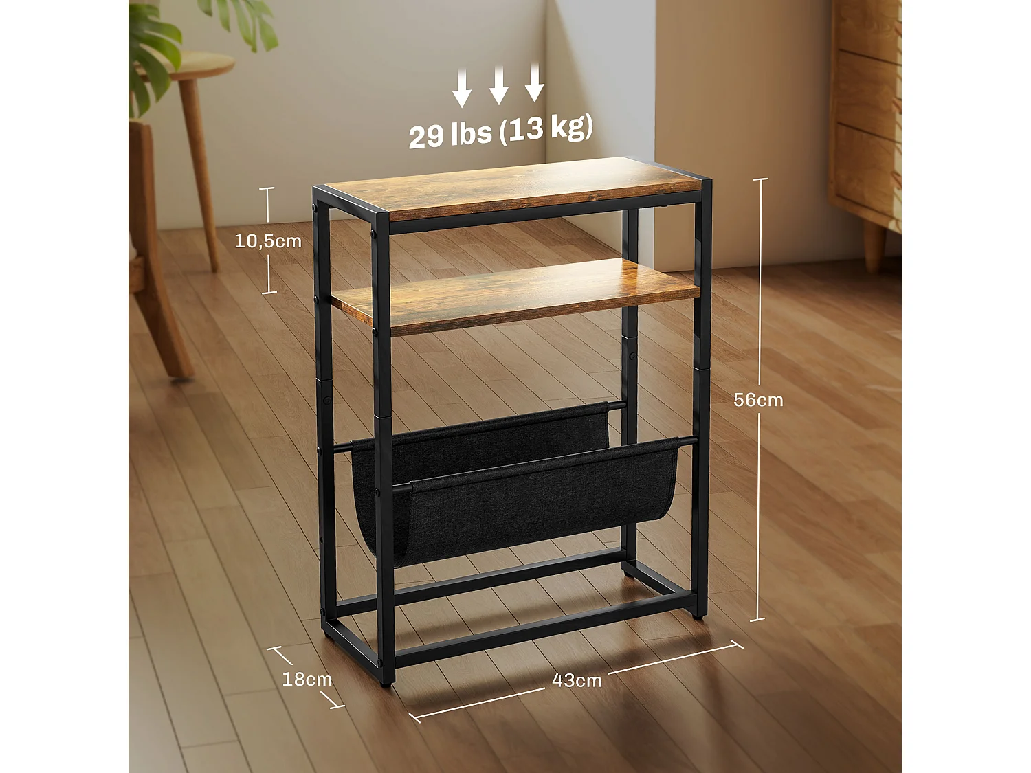 Table d'appoint bout de canapé table d'entrée avec étagère et porte-revues structure en acier design industriel - 43l x 18P x 56H cm noir marron foncé