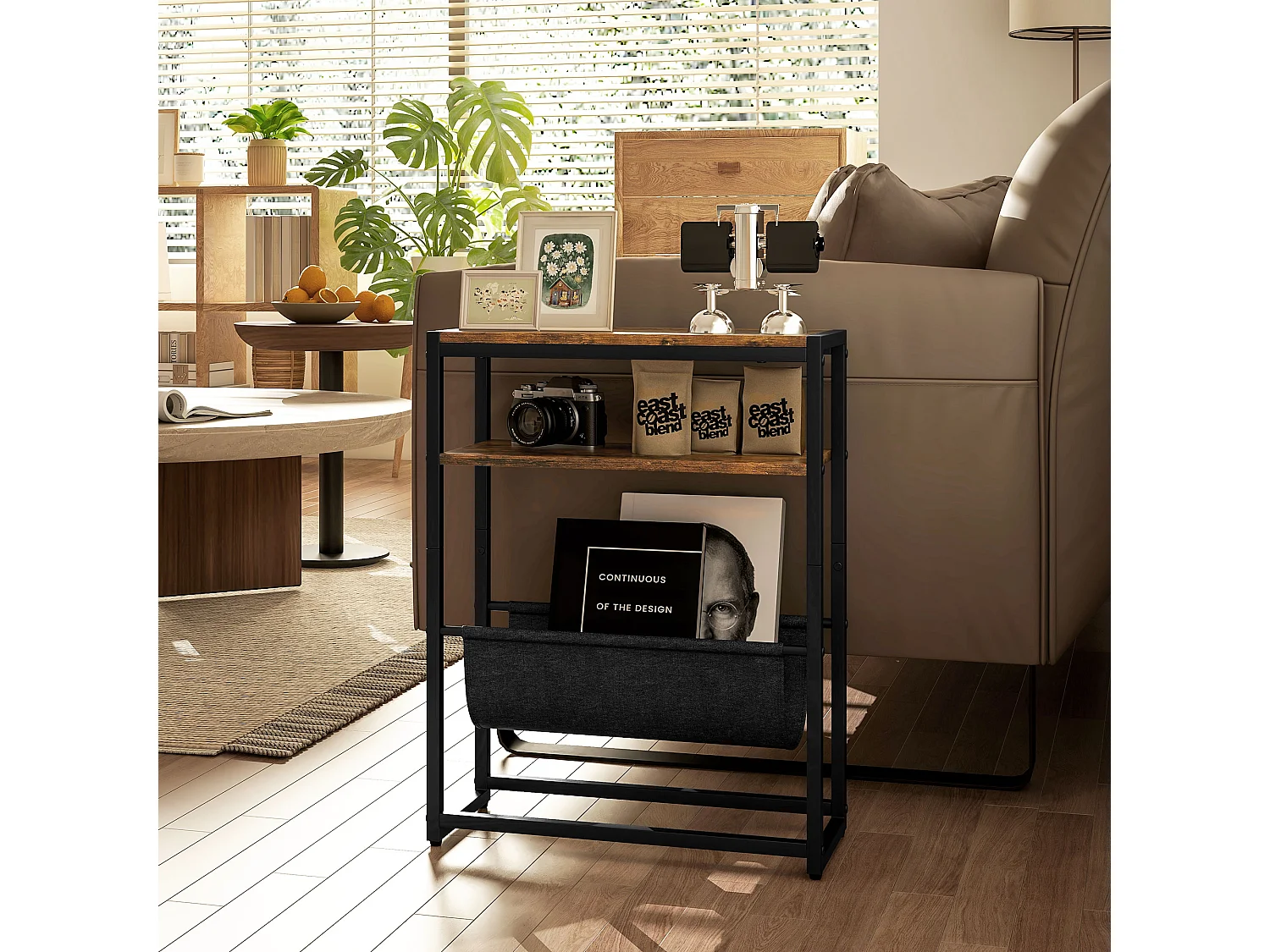 Table d'appoint bout de canapé table d'entrée avec étagère et porte-revues structure en acier design industriel - 43l x 18P x 56H cm noir marron foncé