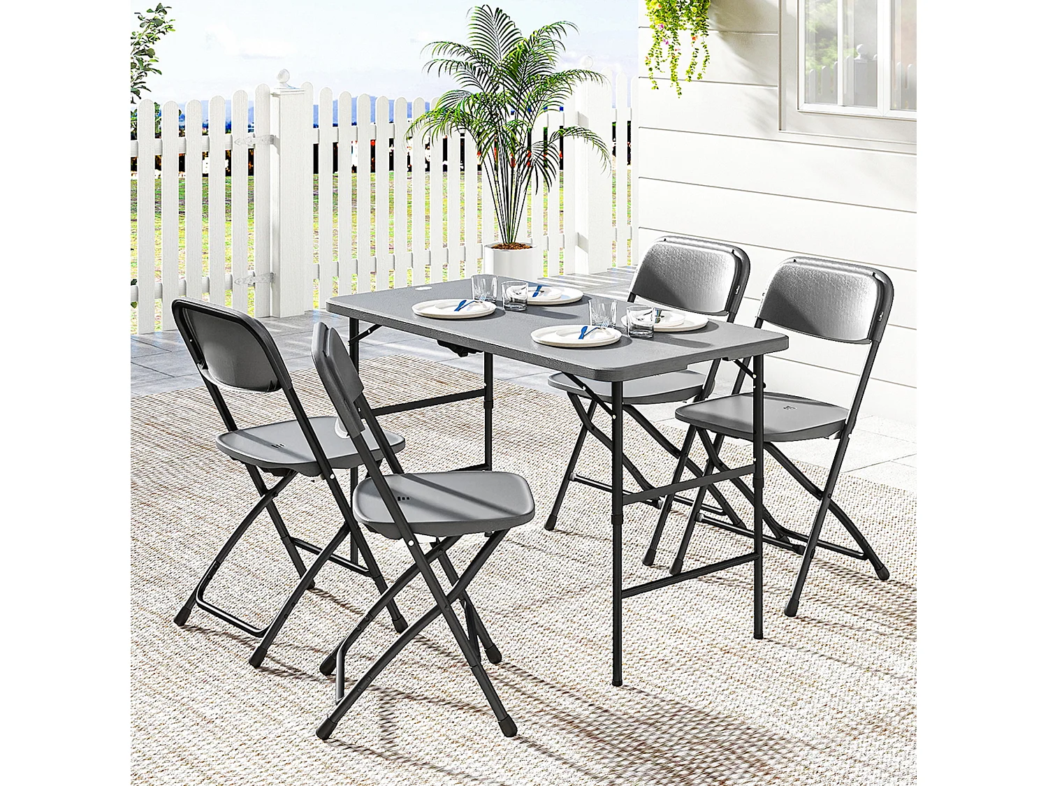 Salon de jardin gris pliable 4 personnes - ensemble table et chaises - plateau effet bois gris