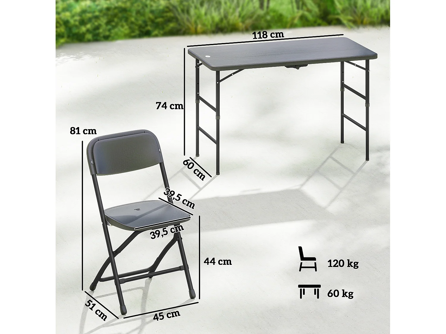 Salon de jardin gris pliable 4 personnes - ensemble table et chaises - plateau effet bois gris