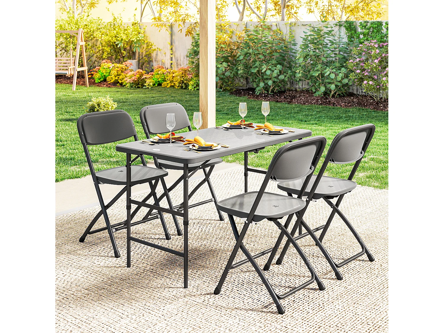 Salon de jardin gris pliable 4 personnes - ensemble table et chaises - plateau effet bois gris