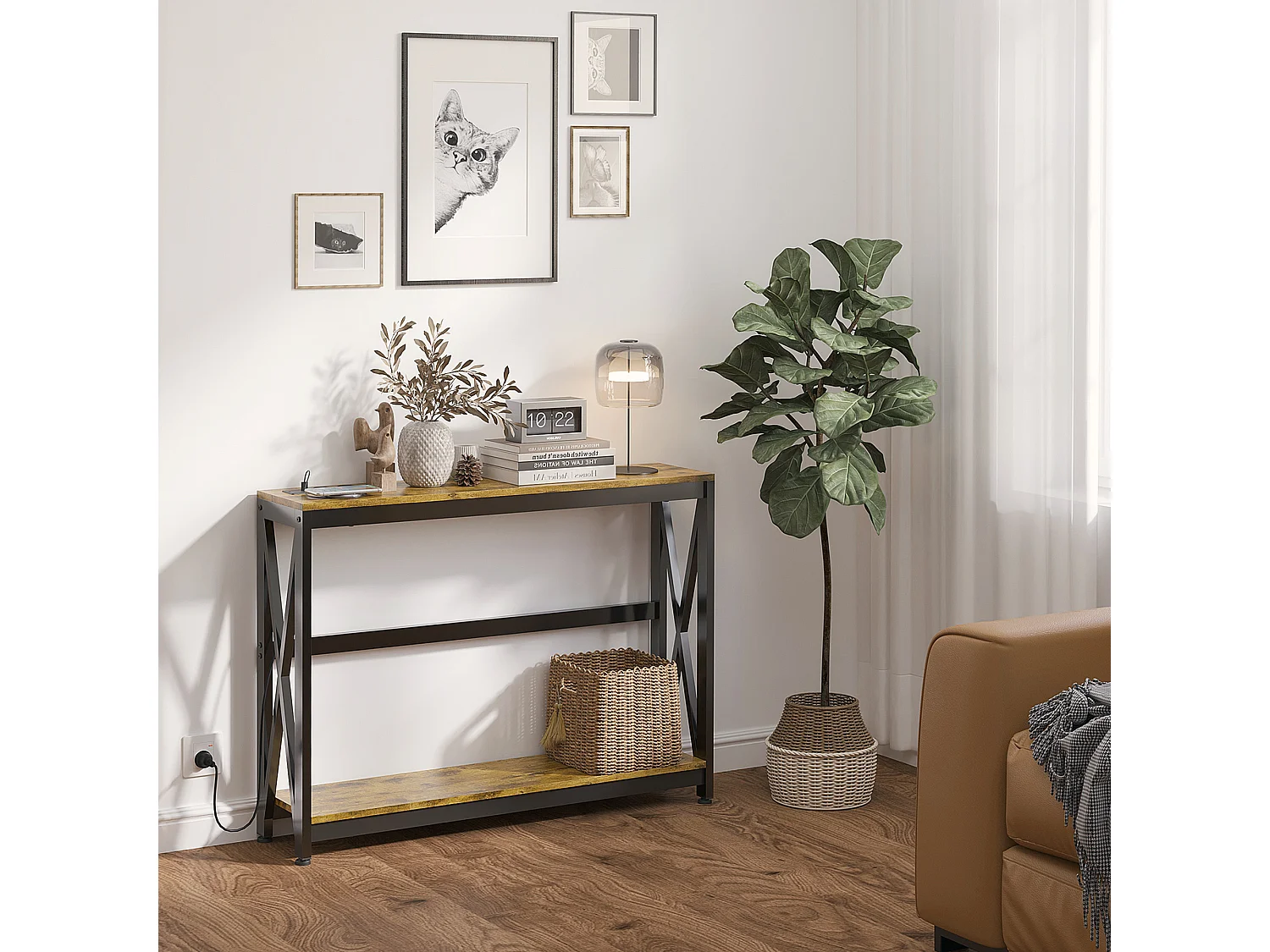 Console d'entrée style industriel 2 niveaux - prises de courant et USB intégrées - dim. 100 x 24 x 75 cm - acier noir effet bois
