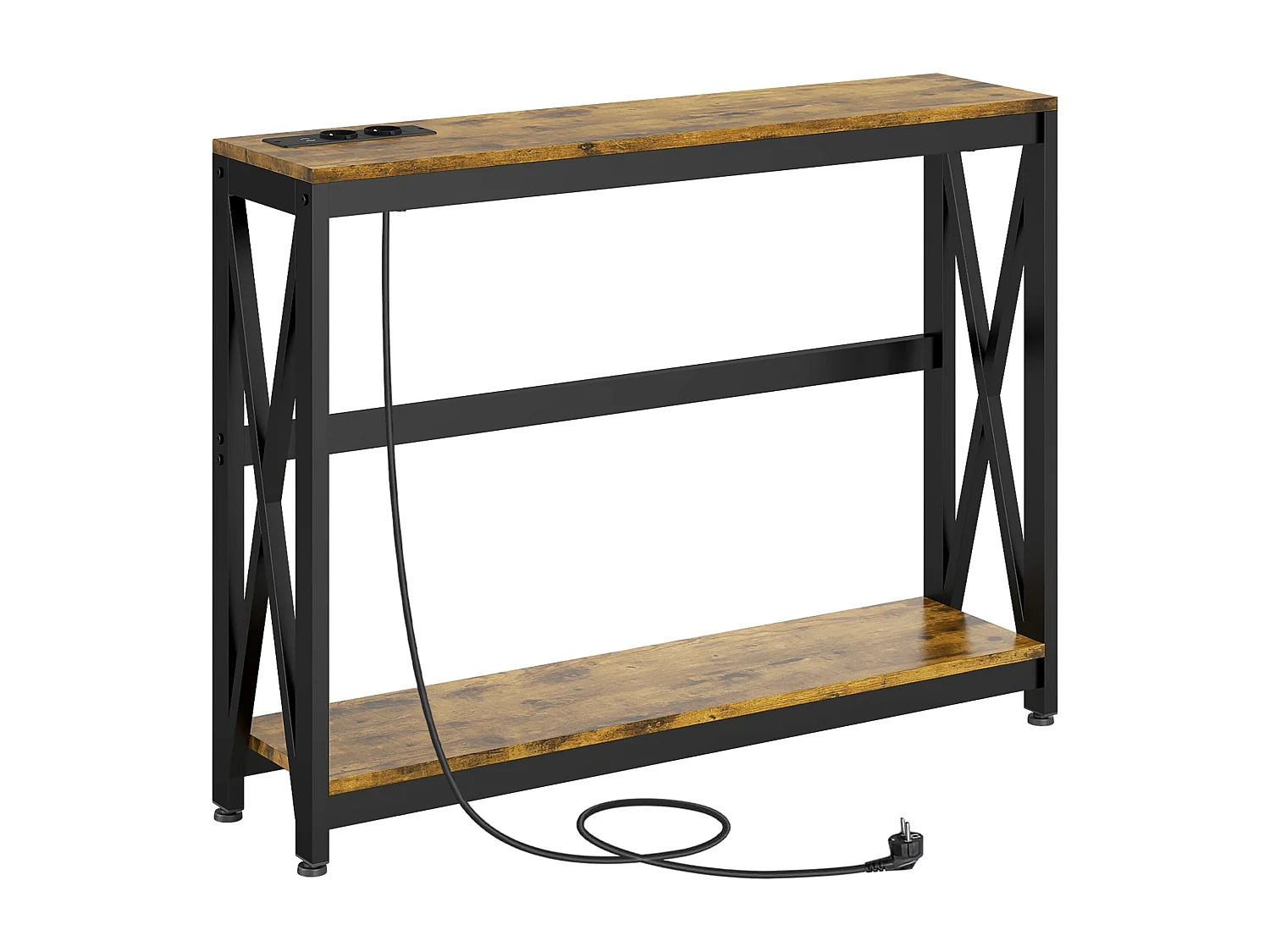 Console d'entrée style industriel 2 niveaux - prises de courant et USB intégrées - dim. 100 x 24 x 75 cm - acier noir effet bois