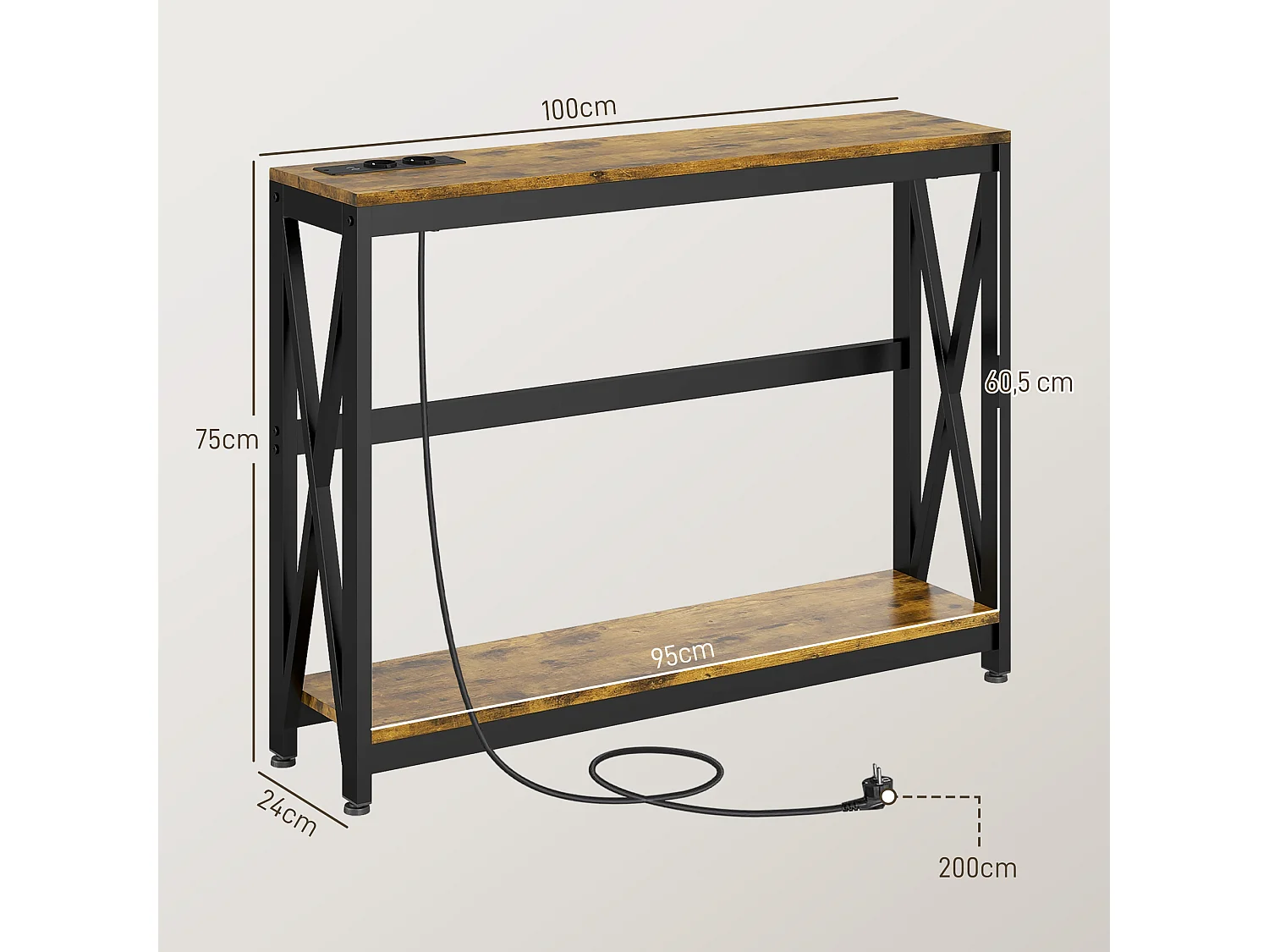 Console d'entrée style industriel 2 niveaux - prises de courant et USB intégrées - dim. 100 x 24 x 75 cm - acier noir effet bois