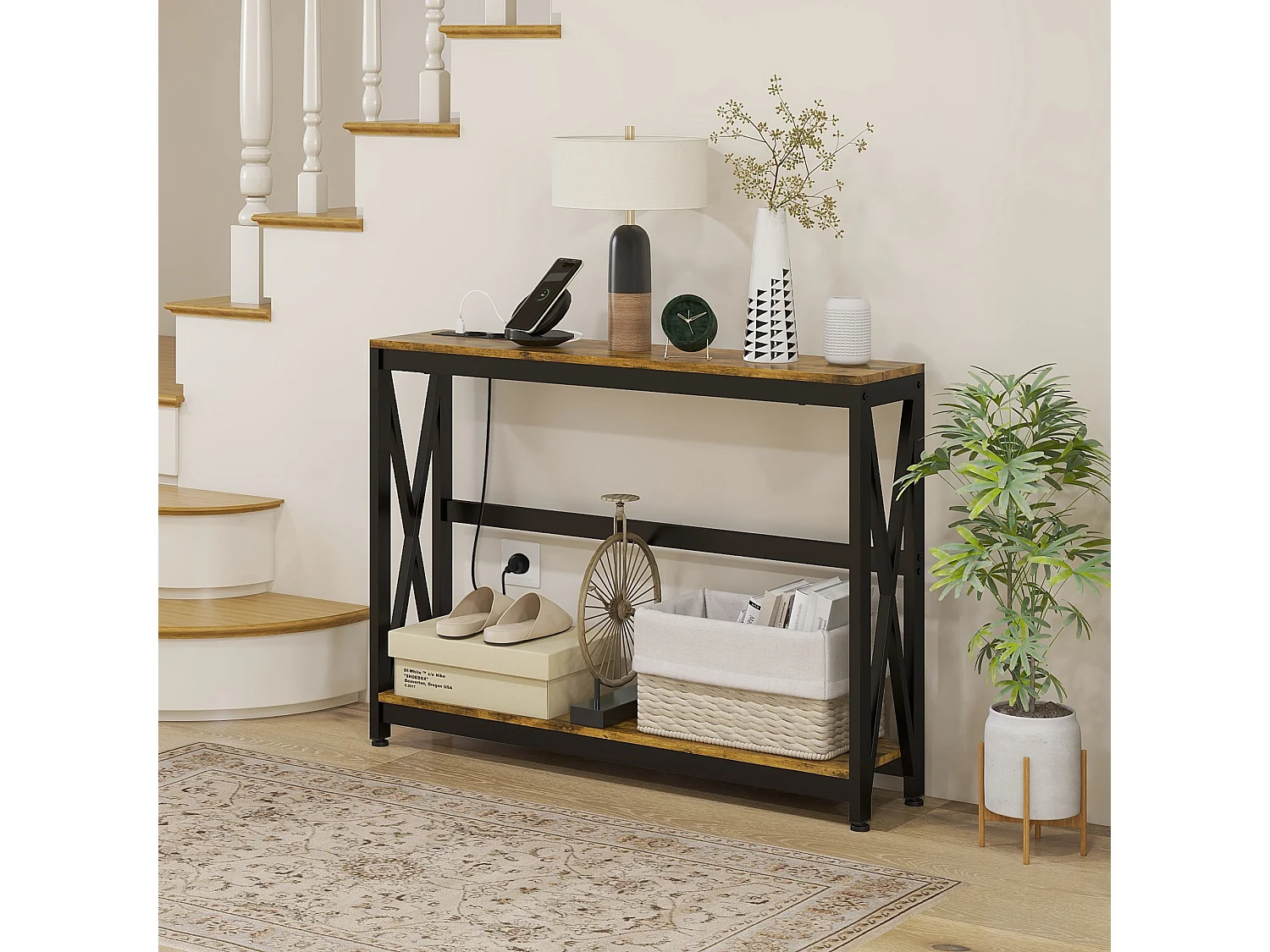 Console d'entrée style industriel 2 niveaux - prises de courant et USB intégrées - dim. 100 x 24 x 75 cm - acier noir effet bois