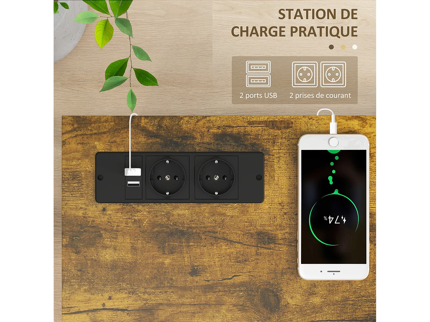 Console d'entrée style industriel 2 niveaux - prises de courant et USB intégrées - dim. 100 x 24 x 75 cm - acier noir effet bois