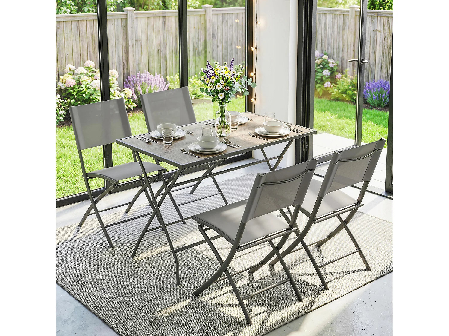 Ensemble salon de jardin table à manger 4 pers. 5 pcs gris