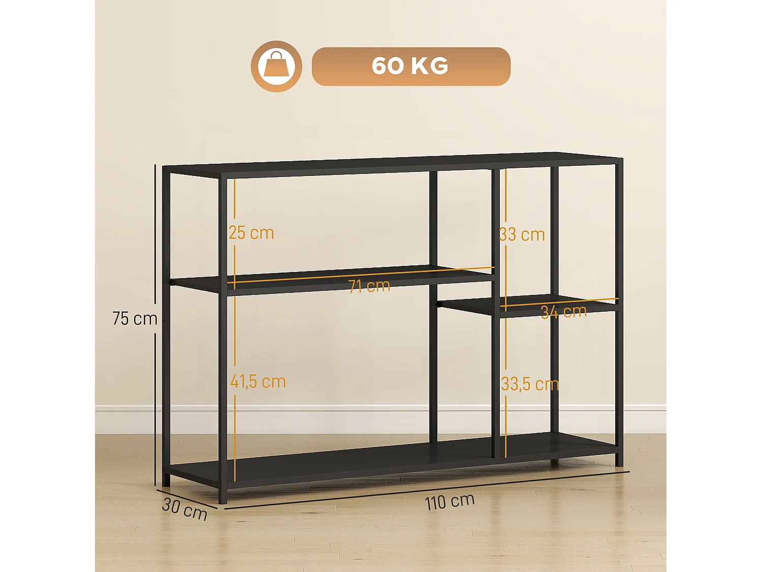 Console meuble d'entrée style industriel 4 étagères dim. 110 x 30 x 75 cm acier panneaux noir