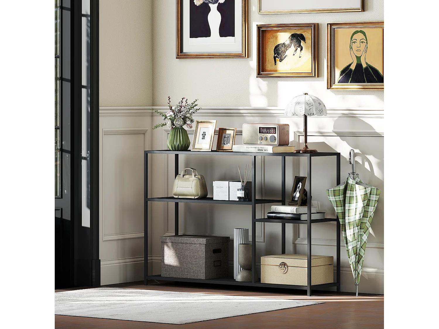 Console meuble d'entrée style industriel 4 étagères dim. 110 x 30 x 75 cm acier panneaux noir