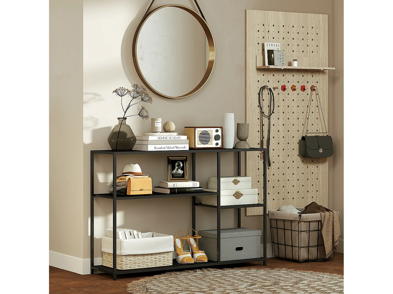 Console meuble d'entrée style industriel 4 étagères dim. 110 x 30 x 75 cm acier panneaux noir