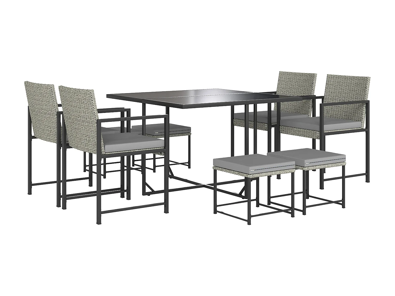 Ensemble salon de jardin 8 places 9 pièces - 4 fauteuils, 4 tabourets, table à manger - acier résine tressée gris