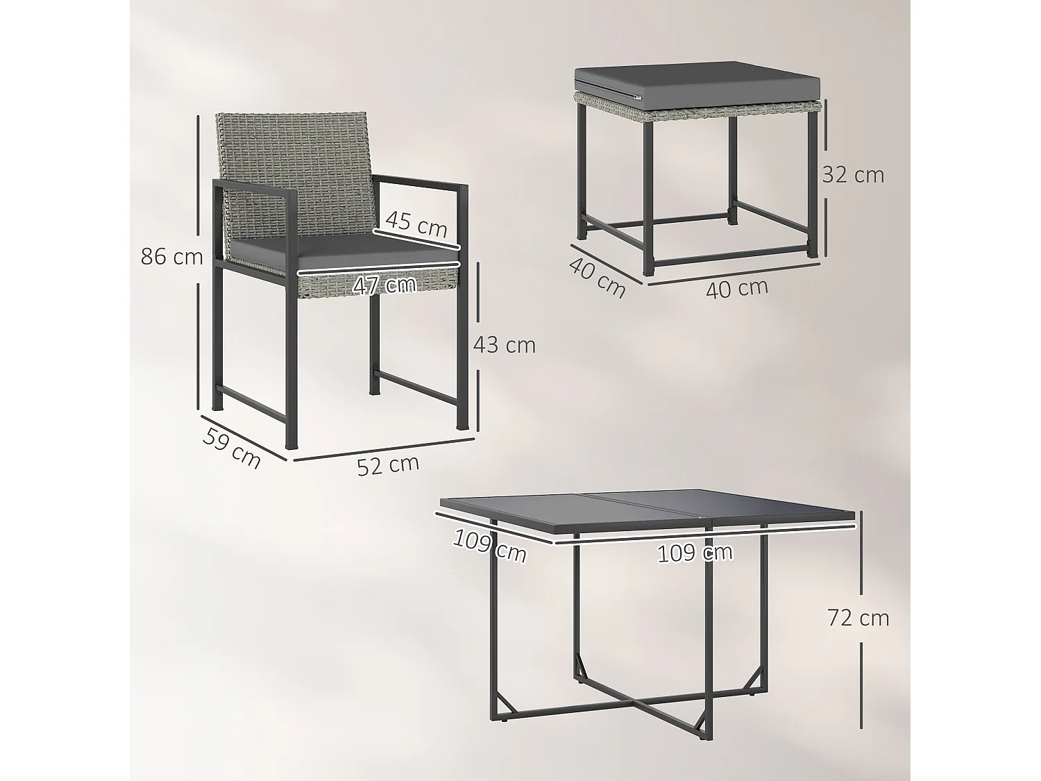 Ensemble salon de jardin 8 places 9 pièces - 4 fauteuils, 4 tabourets, table à manger - acier résine tressée gris
