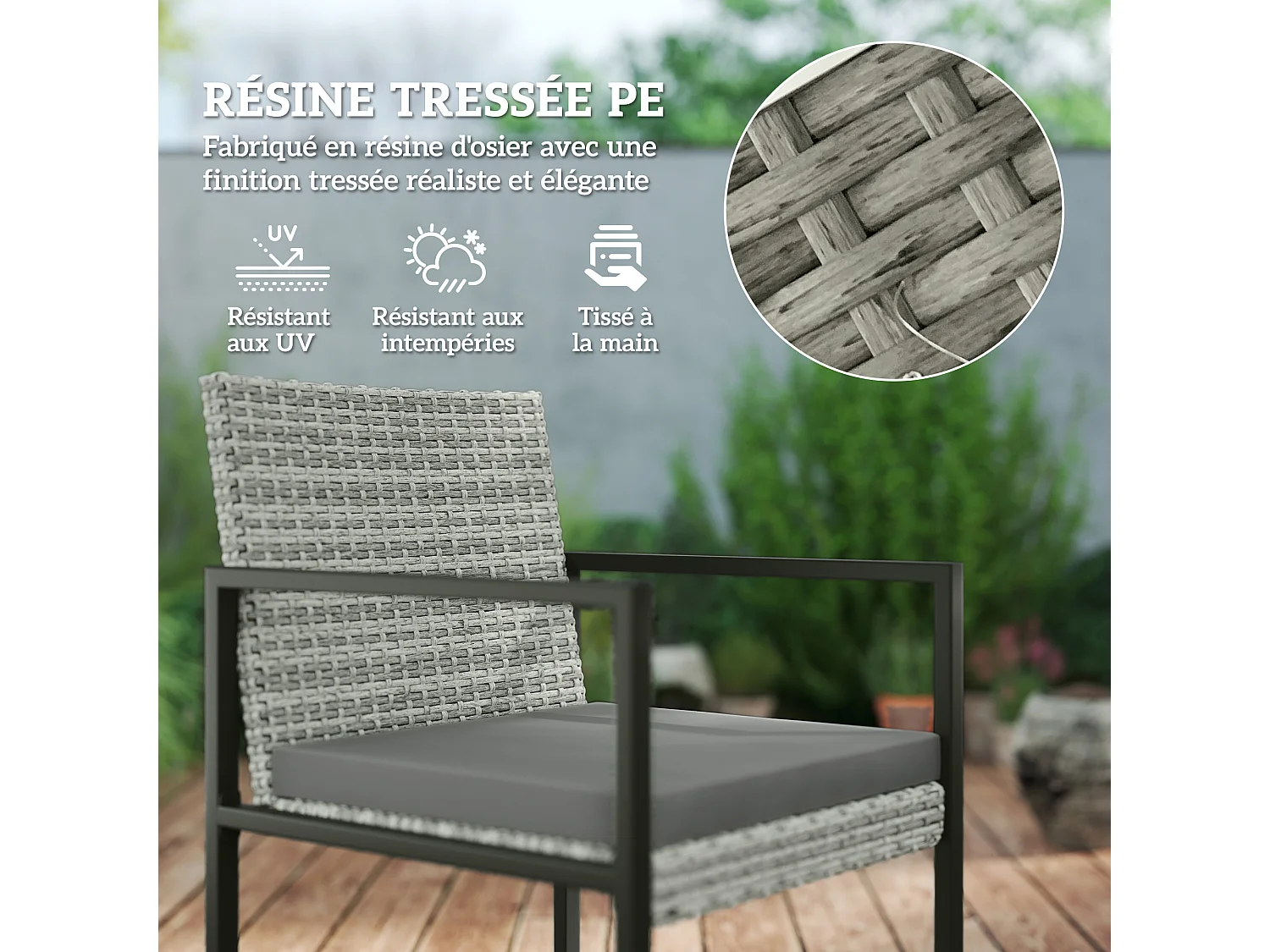 Ensemble salon de jardin 8 places 9 pièces - 4 fauteuils, 4 tabourets, table à manger - acier résine tressée gris