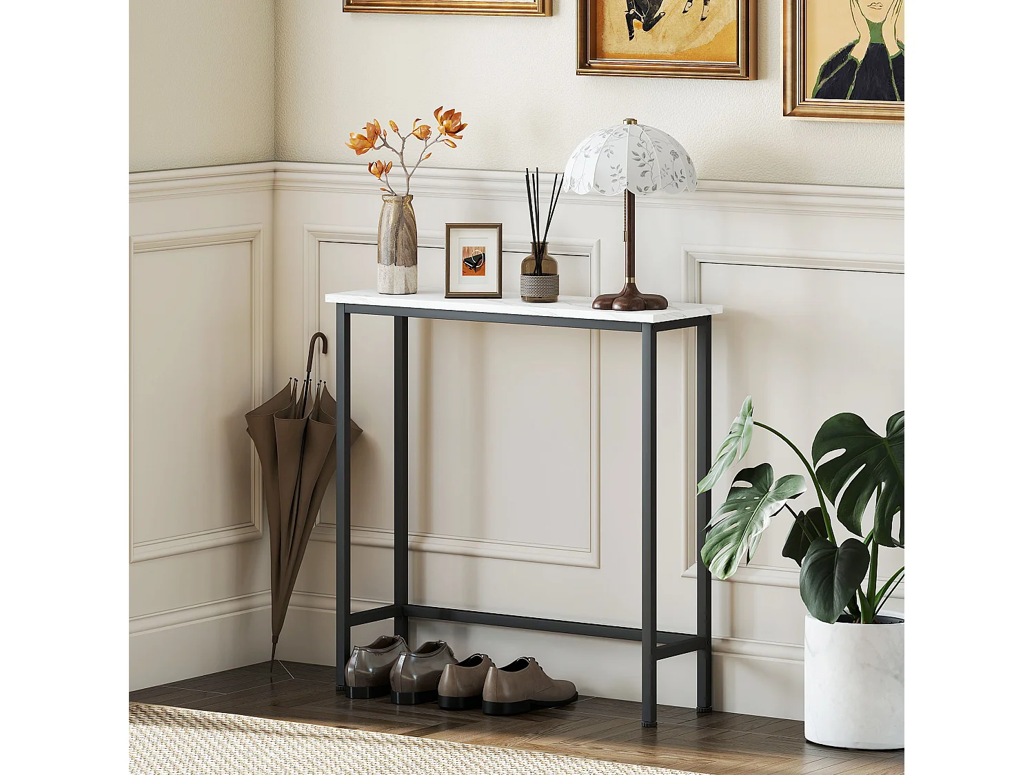 Console meuble  75 cm plateaux en effet marbre cadre en métal blanc