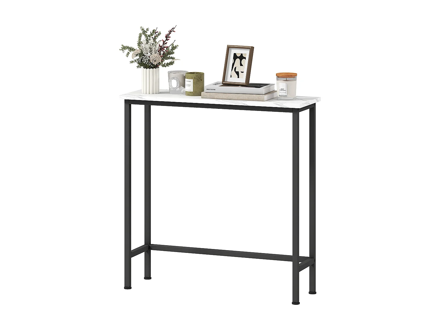 Console meuble  75 cm plateaux en effet marbre cadre en métal blanc